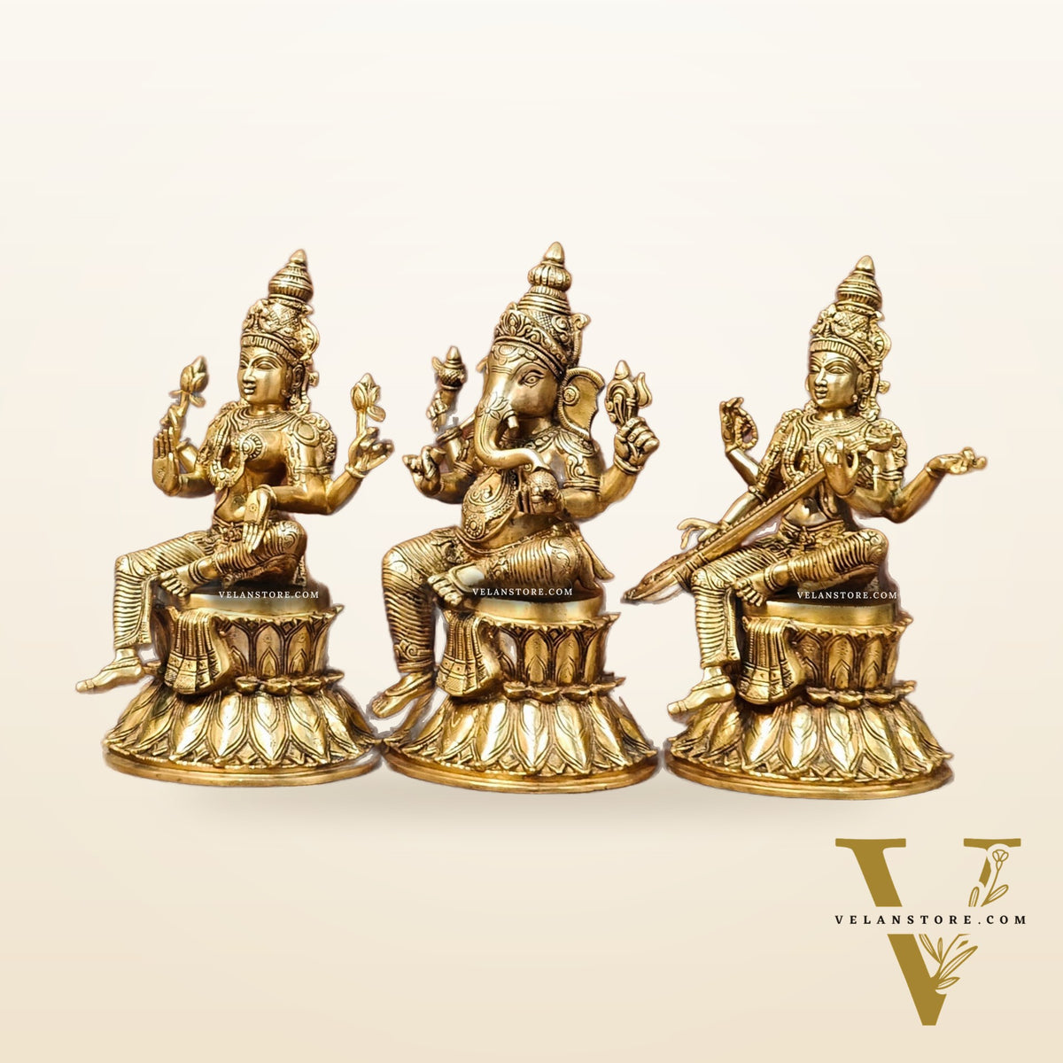 Brass Ganesha Lakshmi Saraswati Idols 15" large