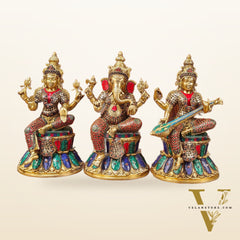 Brass Ganesha Lakshmi Saraswati Idols - Handcrafted with Stonework - 15"