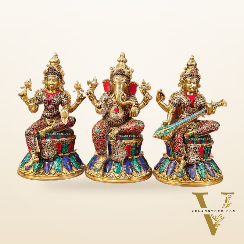 Brass Ganesha Lakshmi Saraswati Idols - Handcrafted with Stonework - 15"