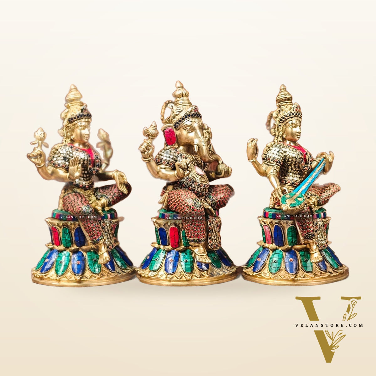 Brass Ganesha Lakshmi Saraswati Idols - Handcrafted with Stonework - 15"