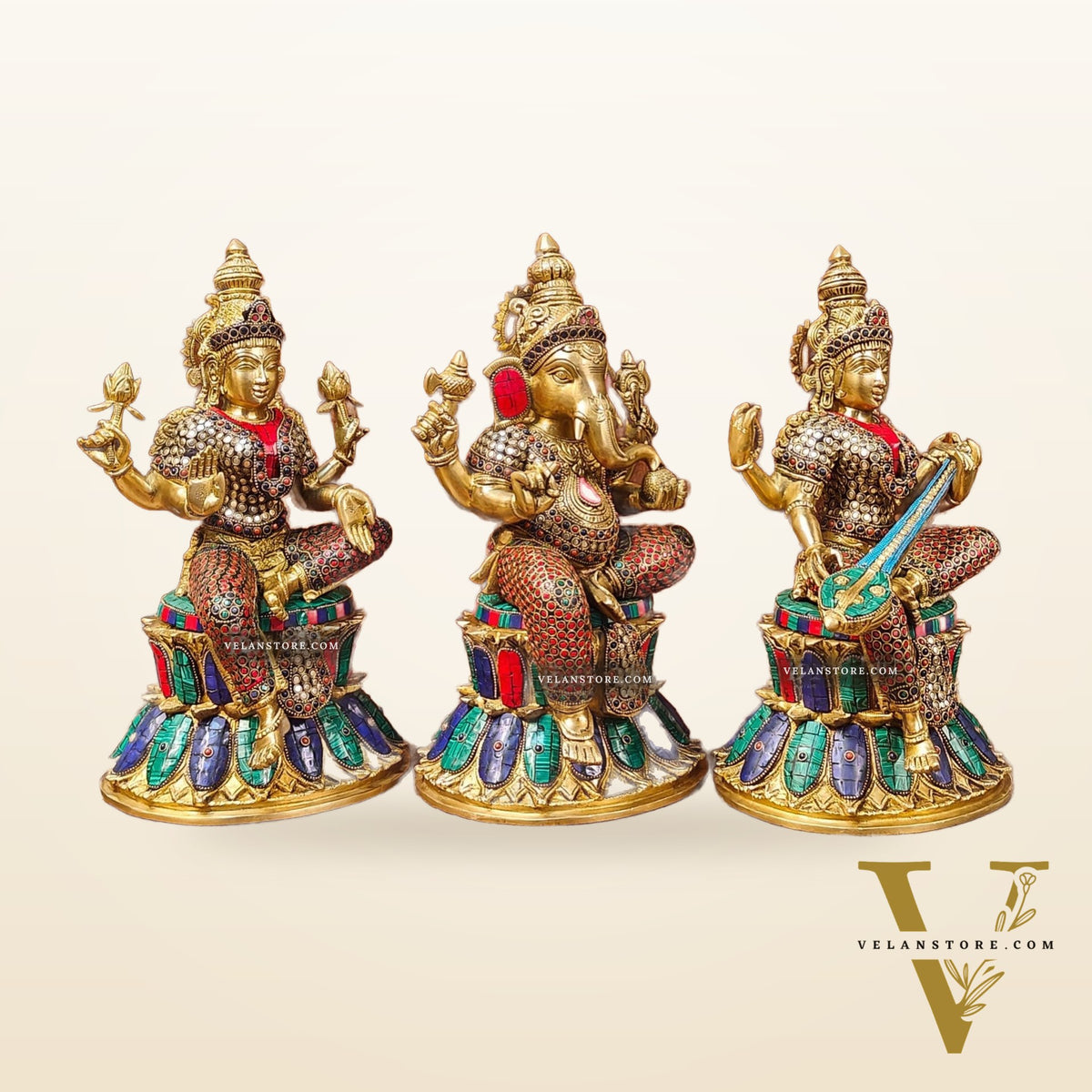 Brass Ganesha Lakshmi Saraswati Idols - Handcrafted with Stonework - 15"