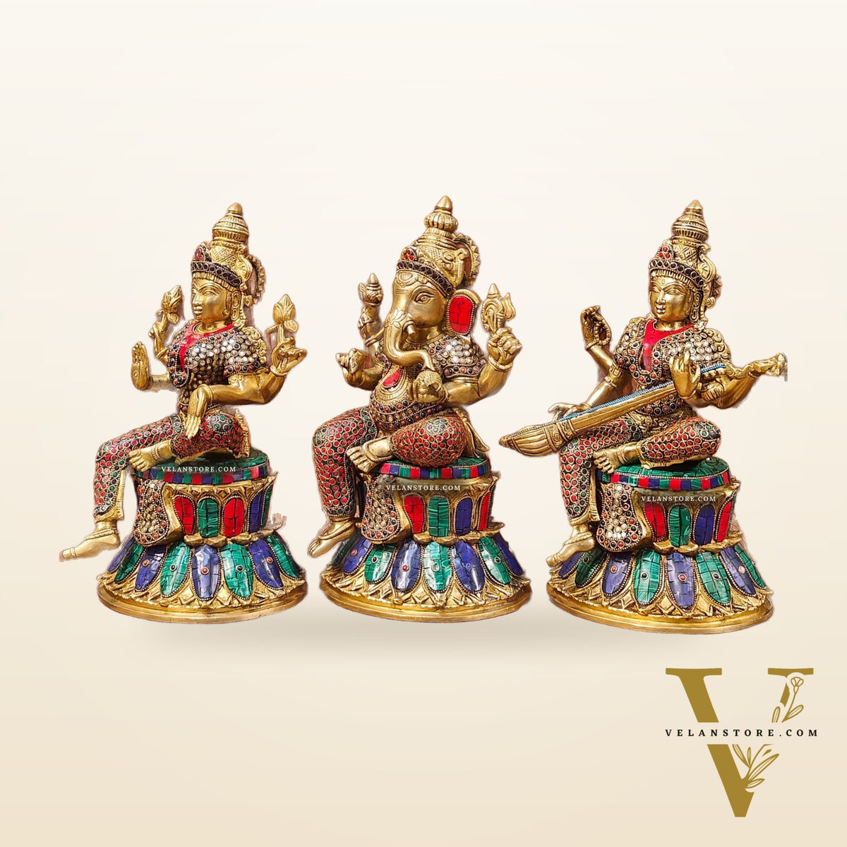 Brass Ganesha Lakshmi Saraswati Idols - Handcrafted with Stonework - 15"