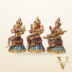 Brass Ganesha Lakshmi Saraswati Idols - Handcrafted with Stonework - 15"