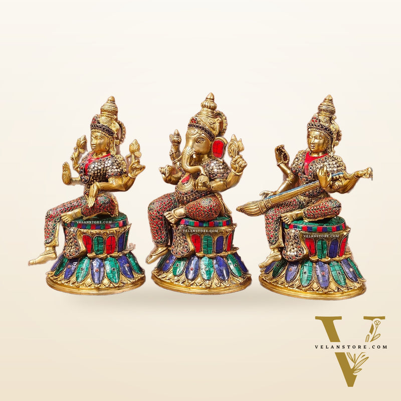 Brass Ganesha Lakshmi Saraswati Idols - Handcrafted with Stonework - 15"