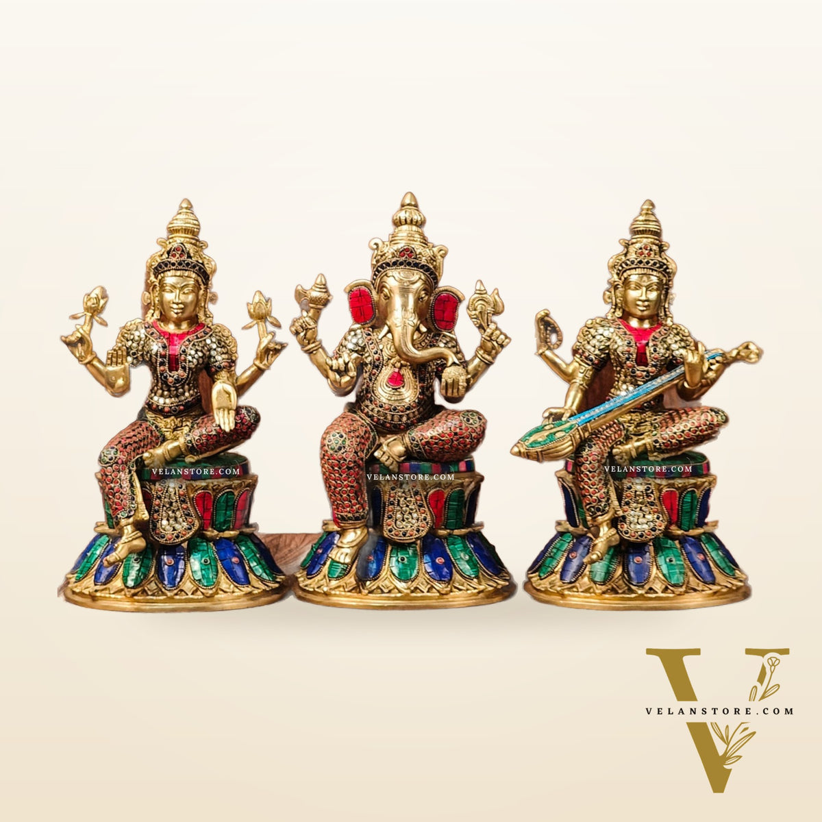 Brass Ganesha Lakshmi Saraswati Idols - Handcrafted with Stonework - 15"
