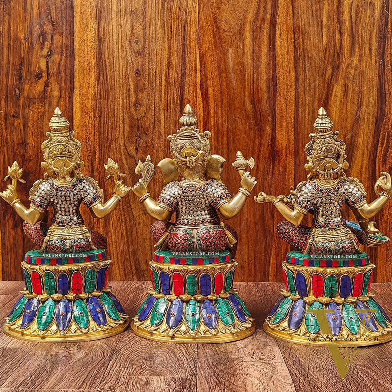 Brass Ganesha Lakshmi Saraswati Idols - Handcrafted with Stonework - 15"