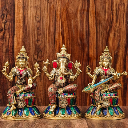 Brass Ganesha Lakshmi Saraswati Idols - Handcrafted with Stonework - 15"
