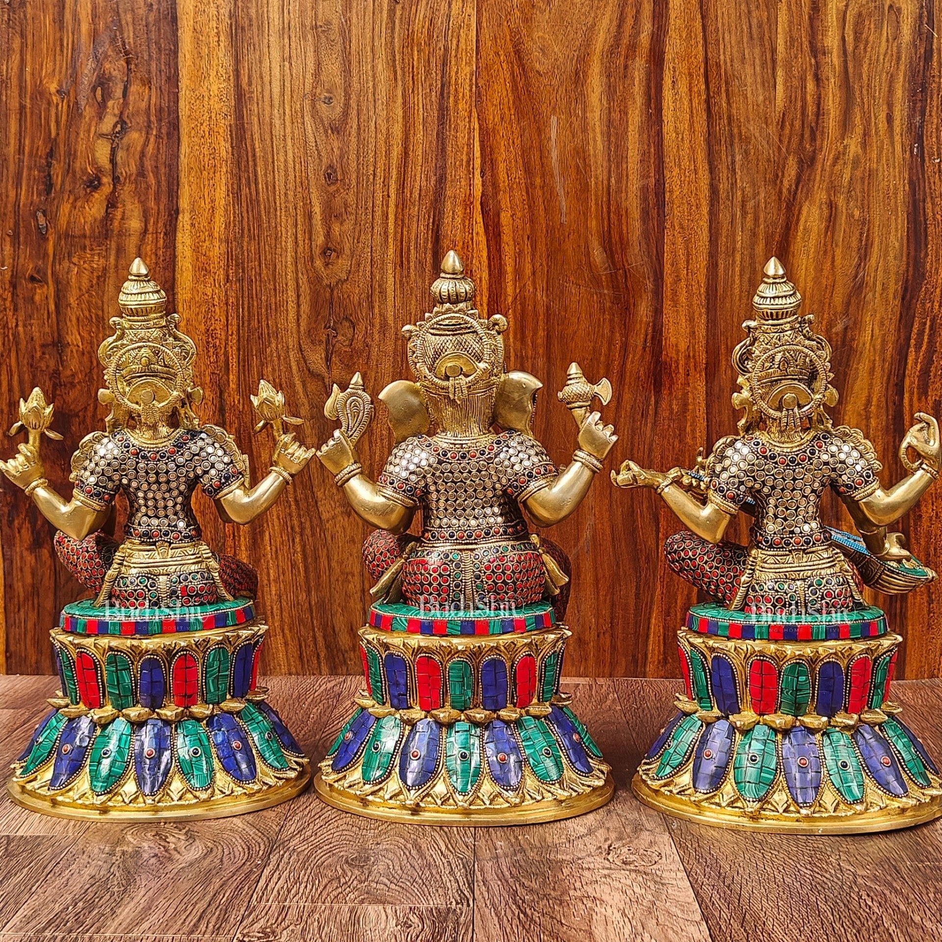 Brass Ganesha Lakshmi Saraswati Idols - Handcrafted with Stonework - 15"