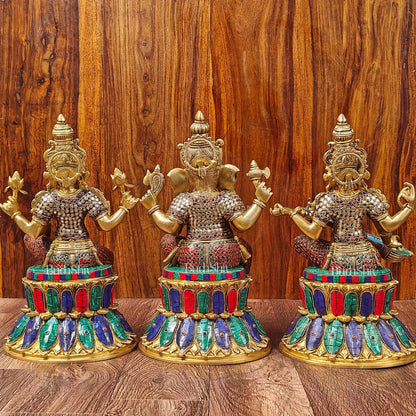 Brass Ganesha Lakshmi Saraswati Idols - Handcrafted with Stonework - 15"