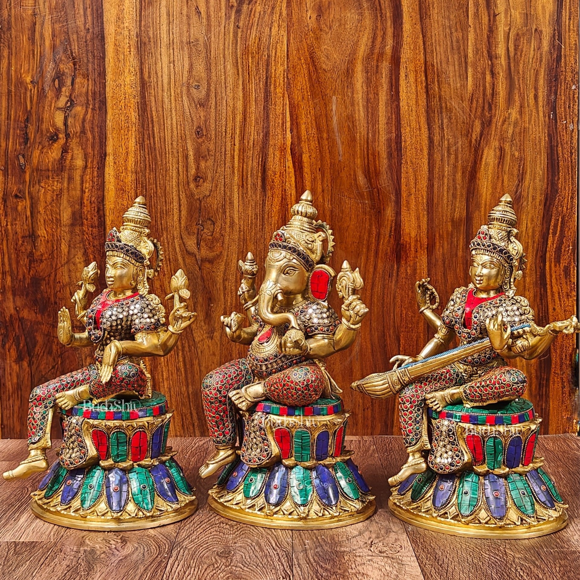 Brass Ganesha Lakshmi Saraswati Idols - Handcrafted with Stonework - 15"