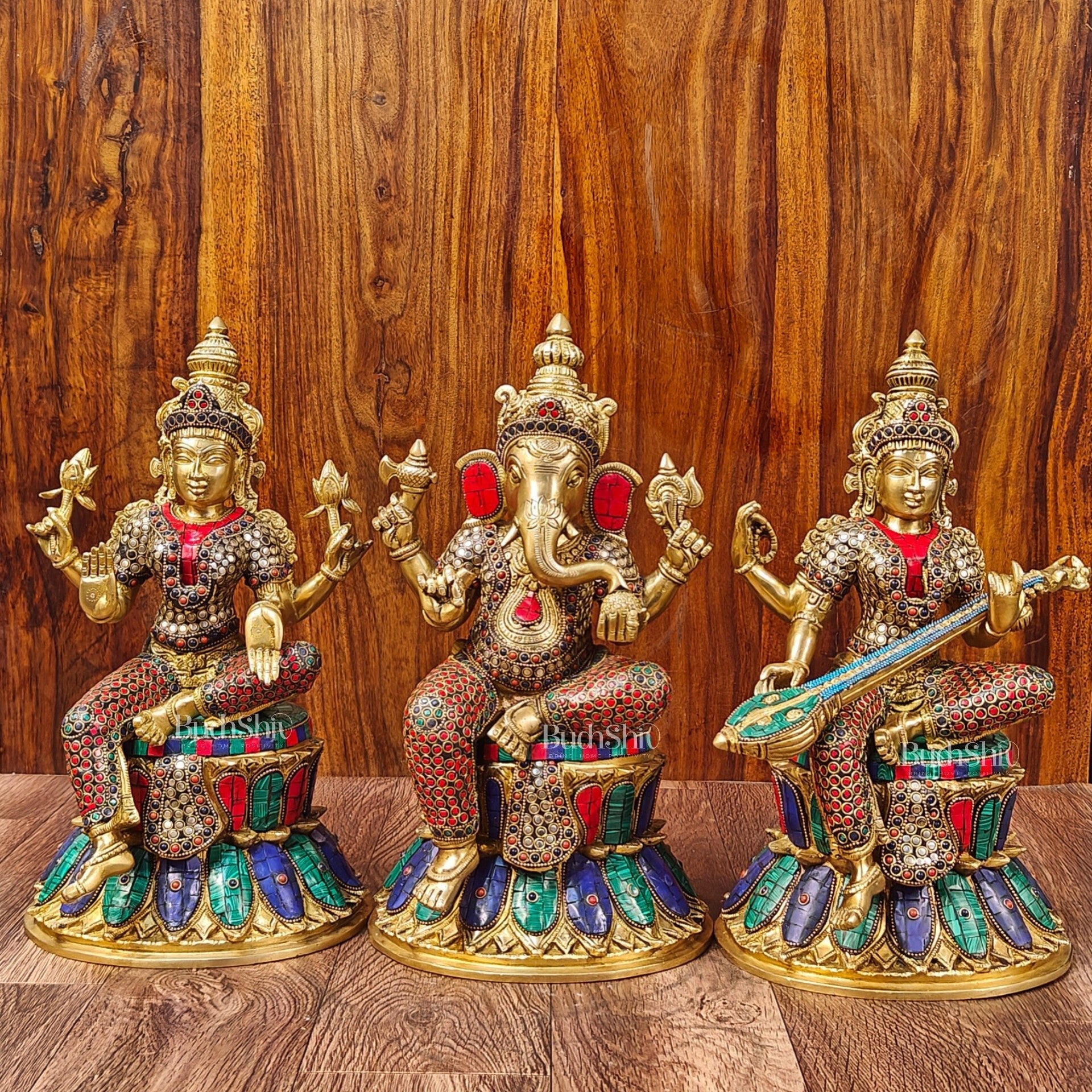 Brass Ganesha Lakshmi Saraswati Idols - Handcrafted with Stonework - 15"