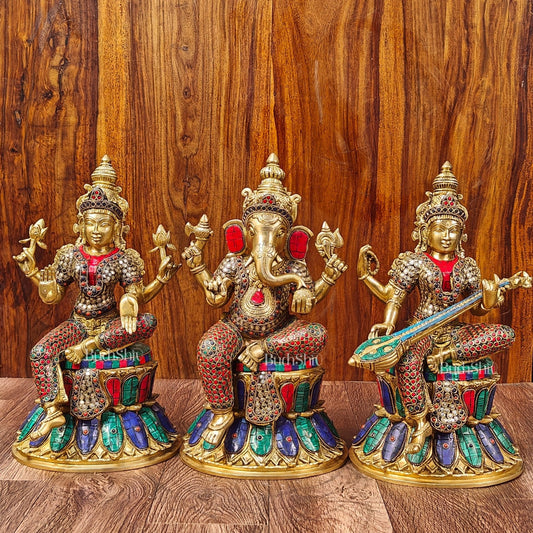 Brass Ganesha Lakshmi Saraswati Idols - Handcrafted with Stonework - 15"