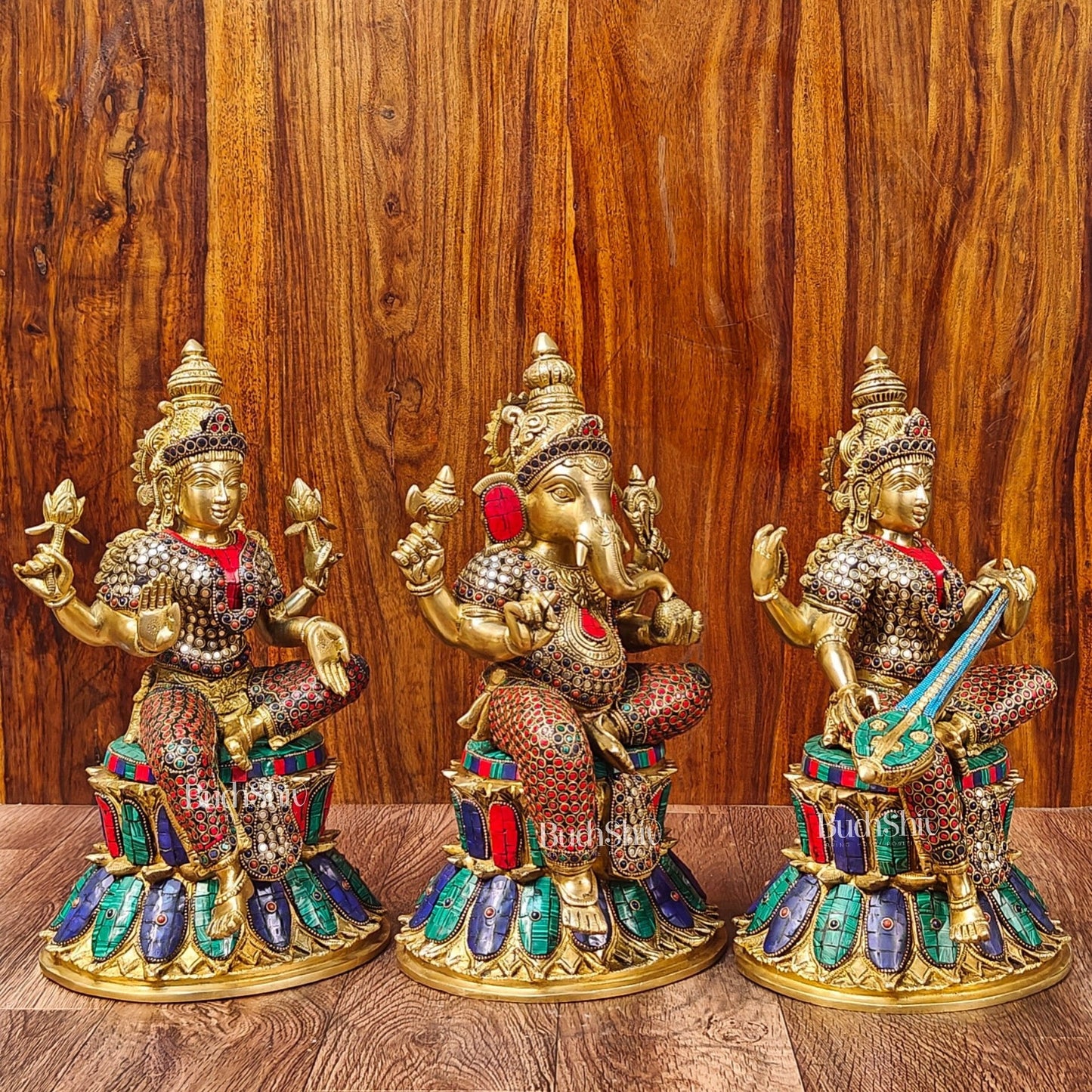Brass Ganesha Lakshmi Saraswati Idols - Handcrafted with Stonework - 15"