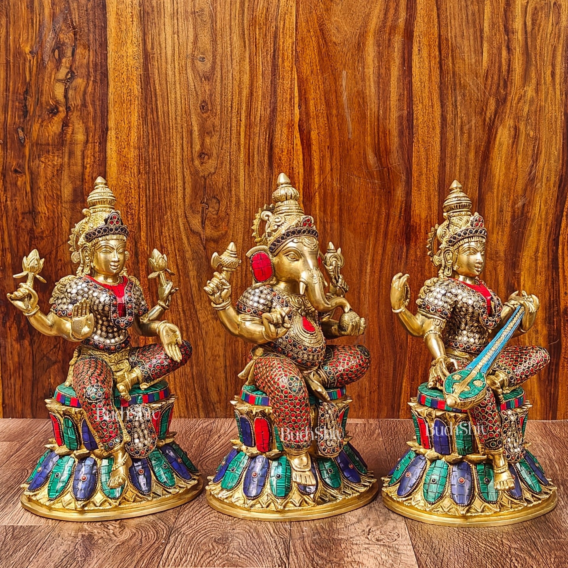 Brass Ganesha Lakshmi Saraswati Idols - Handcrafted with Stonework - 15"
