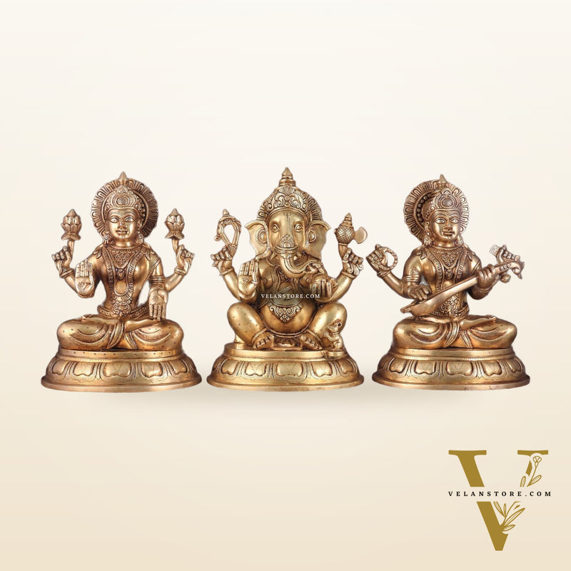 Brass Ganesha Lakshmi Saraswati idols Set 14"