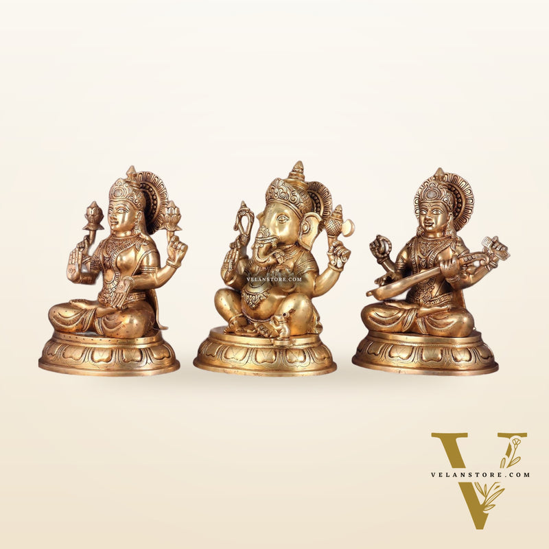 Brass Ganesha Lakshmi Saraswati idols Set 14"