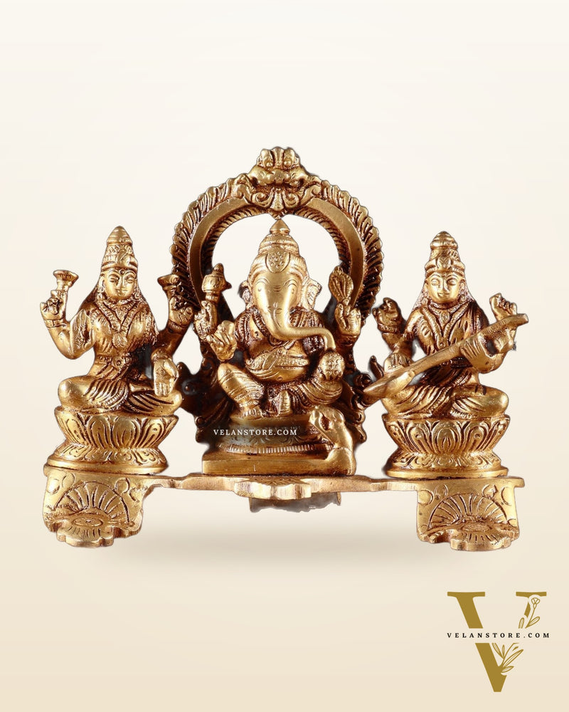 Brass Ganesha Lakshmi Saraswati Panel Idol – 5.5”