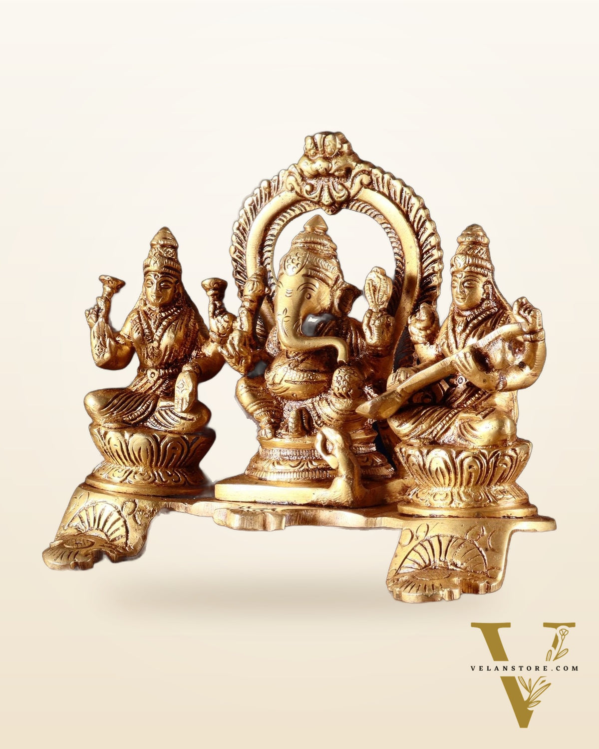 Brass Ganesha Lakshmi Saraswati Panel Idol – 5.5”