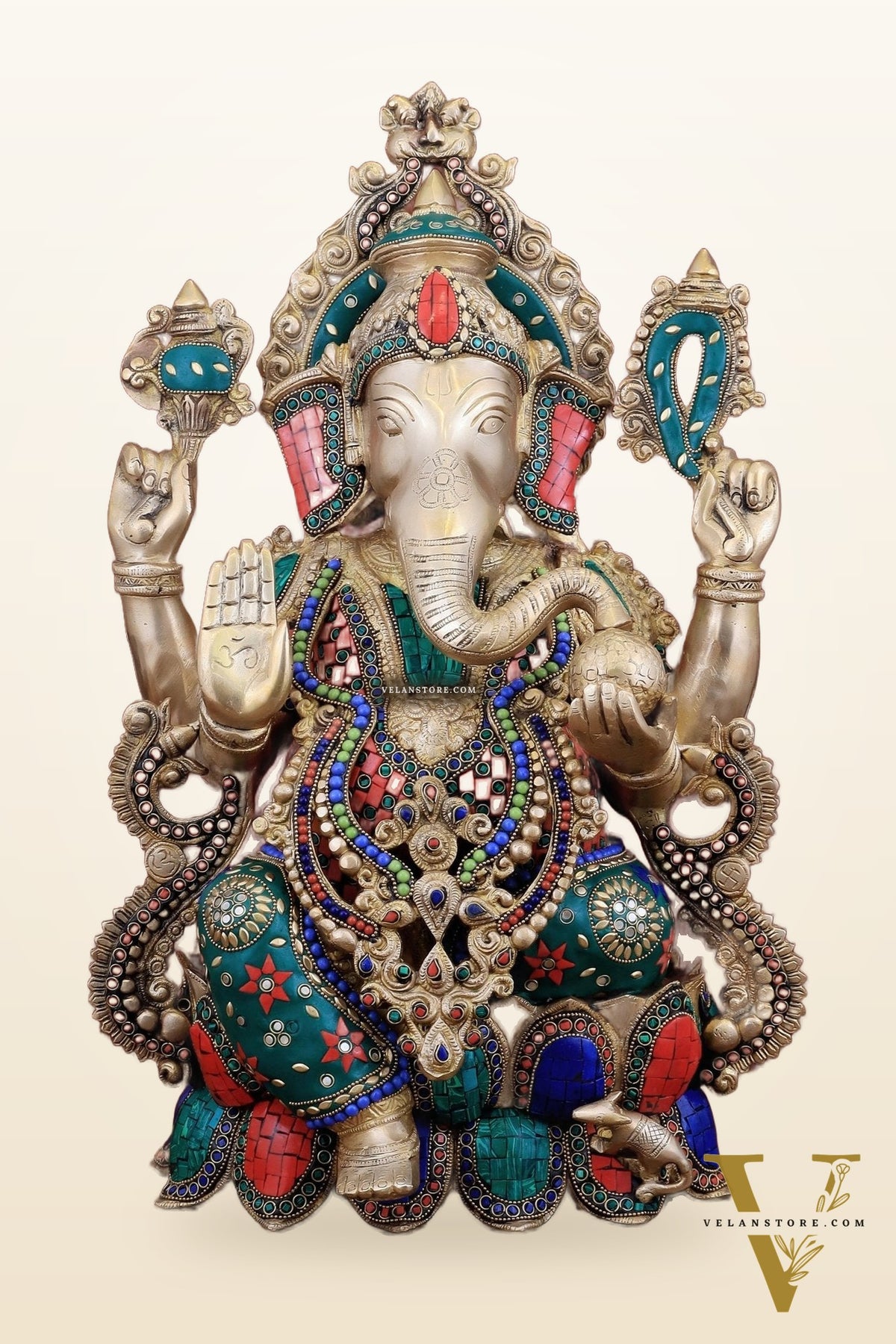 Brass Ganesha large idol 21" Tall with Intricate Stonework
