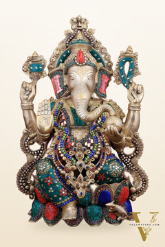 Brass Ganesha large idol 21" Tall with Intricate Stonework