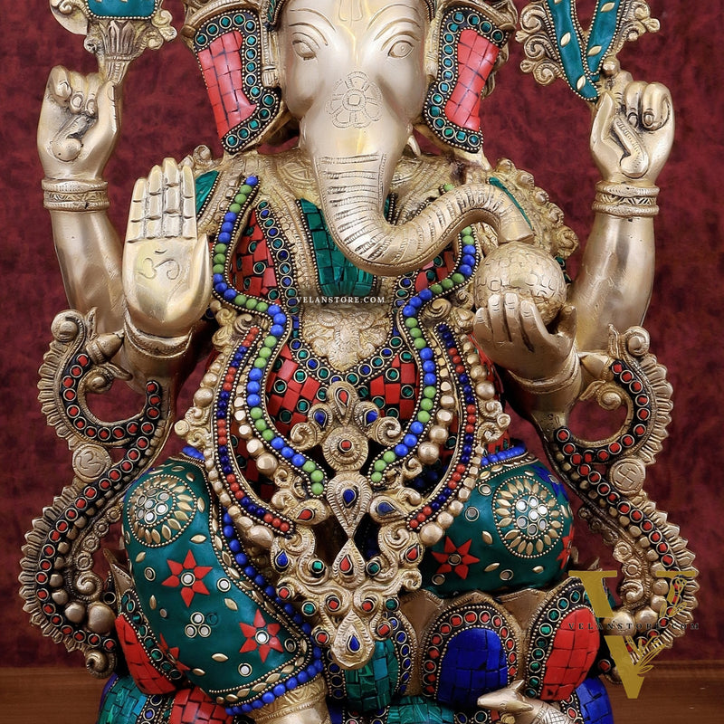 Brass Ganesha large idol 21" Tall with Intricate Stonework