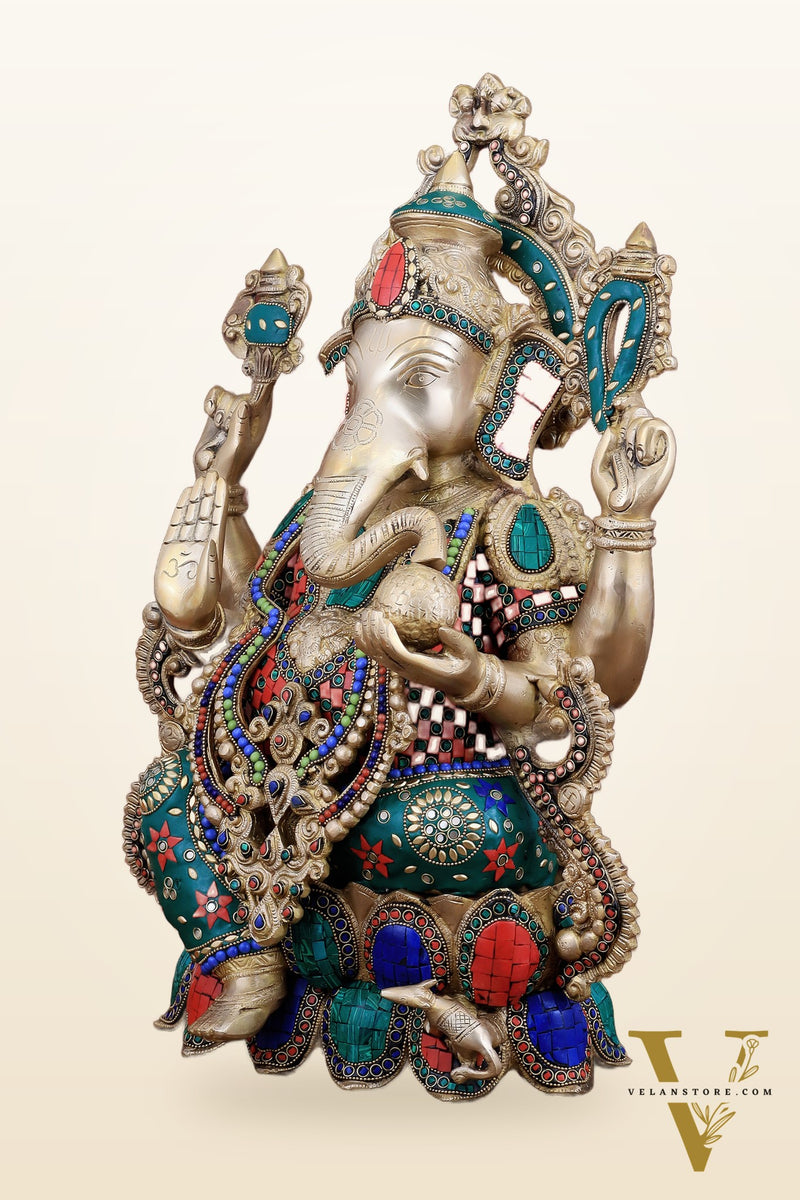 Brass Ganesha large idol 21" Tall with Intricate Stonework