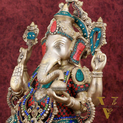 Brass Ganesha large idol 21" Tall with Intricate Stonework