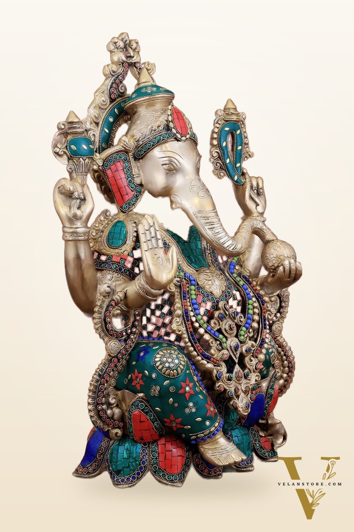 Brass Ganesha large idol 21" Tall with Intricate Stonework