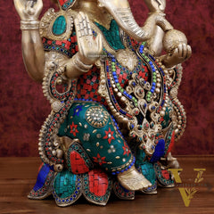 Brass Ganesha large idol 21" Tall with Intricate Stonework