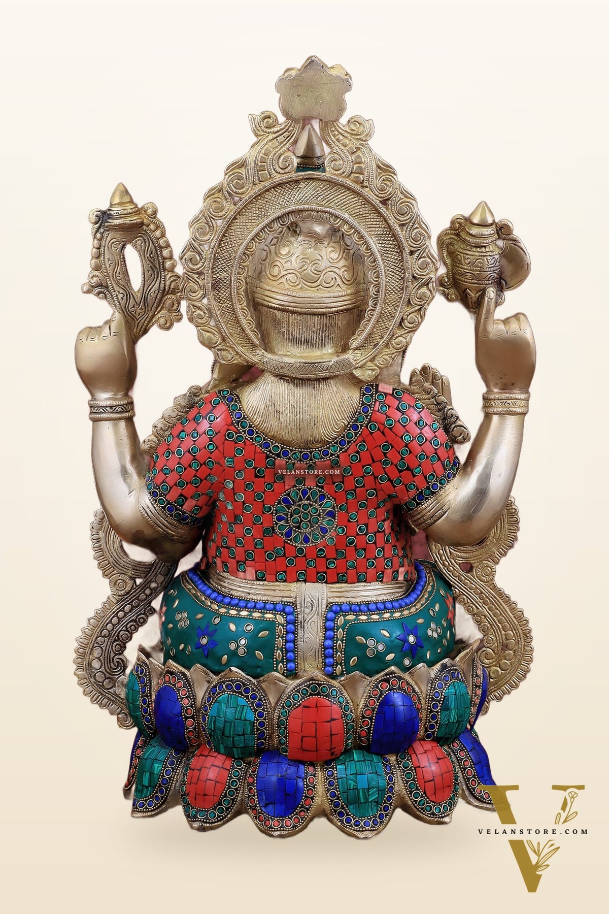 Brass Ganesha large idol 21" Tall with Intricate Stonework