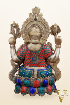 Brass Ganesha large idol 21" Tall with Intricate Stonework