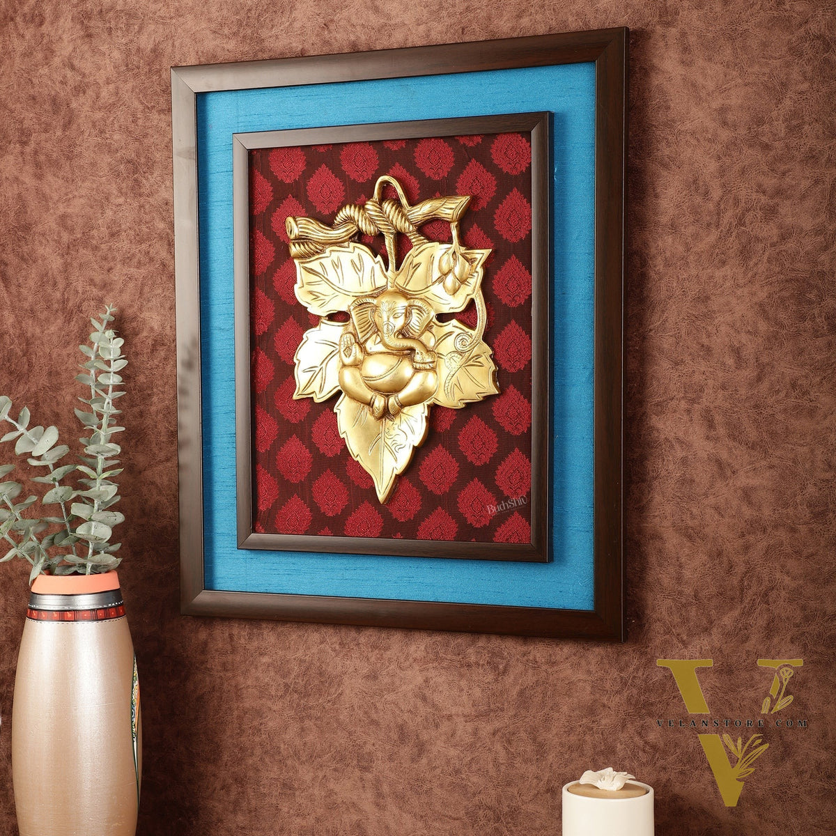Brass Ganesha Mural on Wooden Frame with Premium Fabric - 18.5" x 16"
