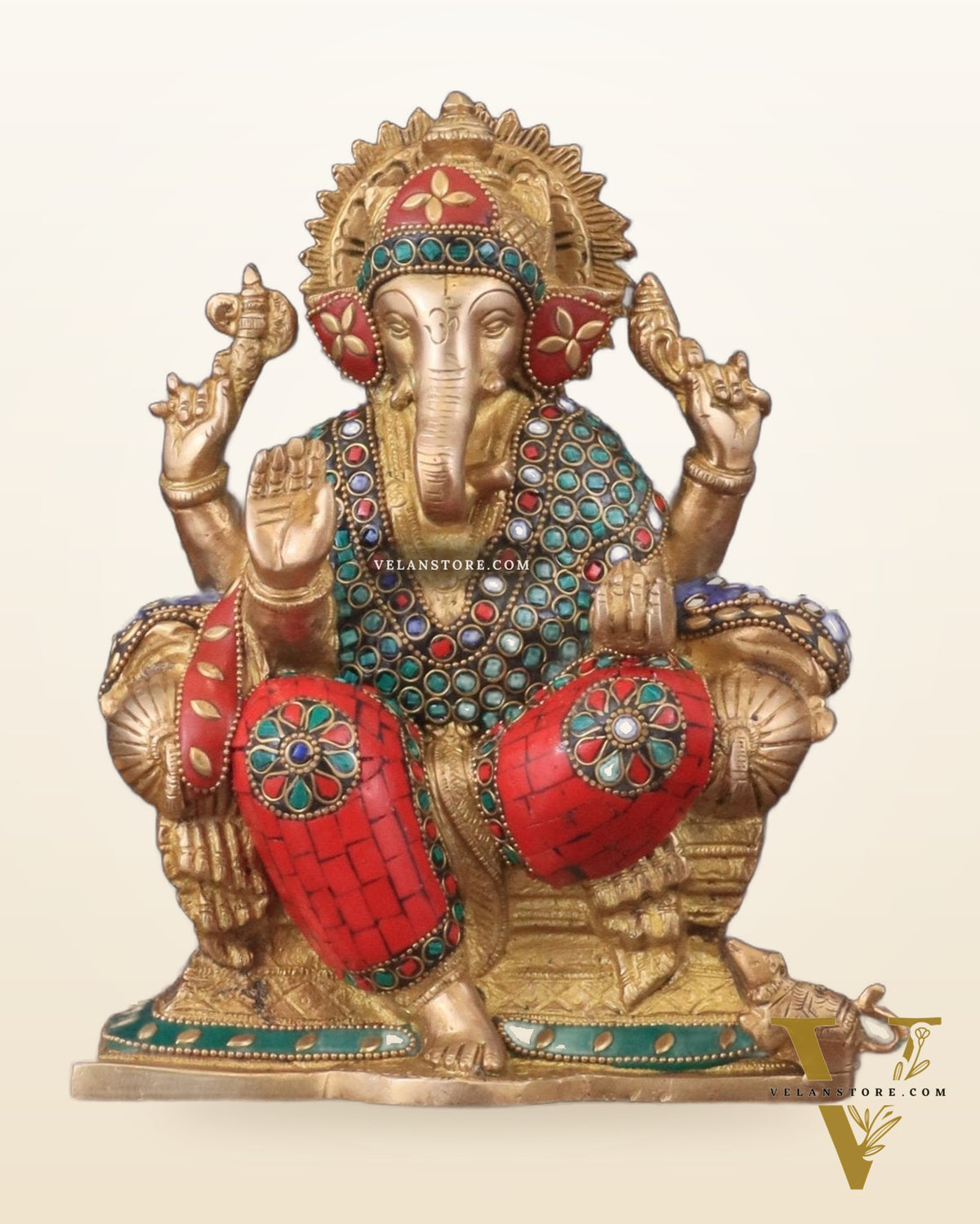 Brass Ganesha murti with Meenakari Stonework | 10" Height