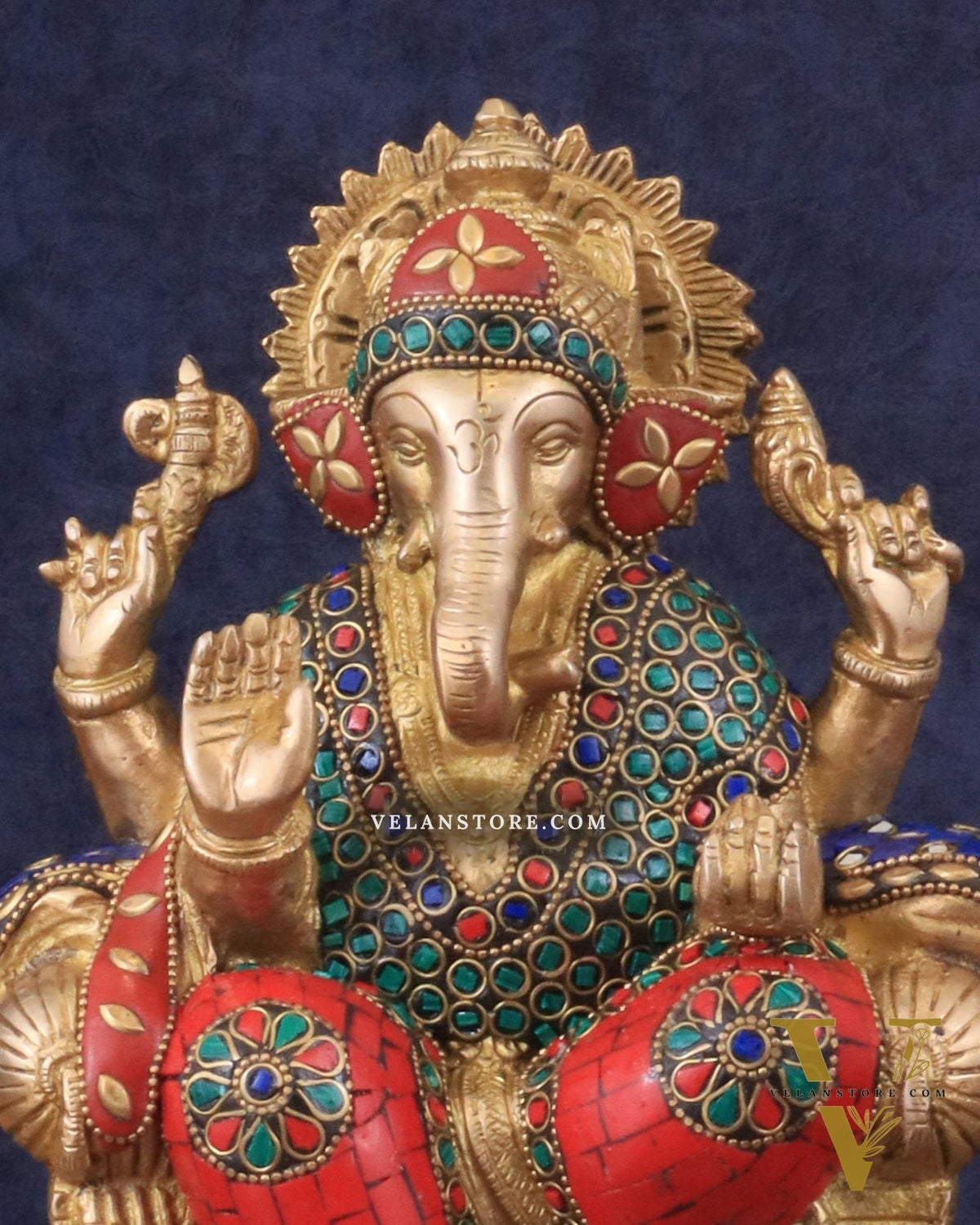 Brass Ganesha murti with Meenakari Stonework | 10" Height