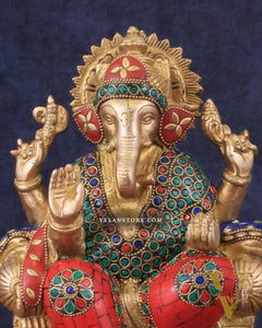 Brass Ganesha murti with Meenakari Stonework | 10" Height