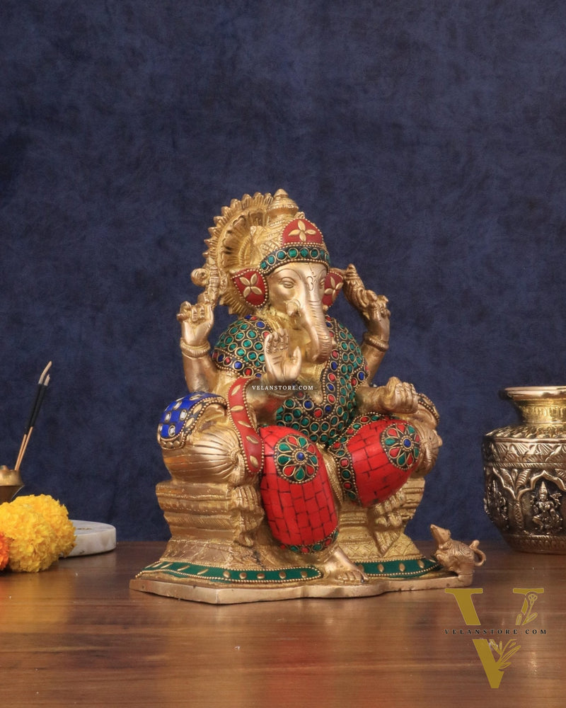 Brass Ganesha murti with Meenakari Stonework | 10" Height