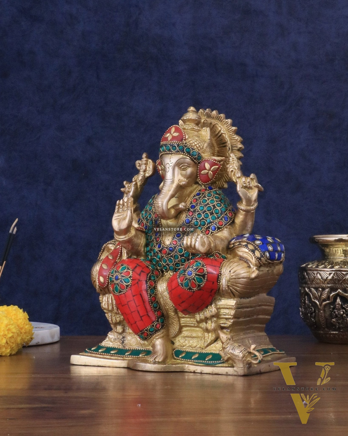 Brass Ganesha murti with Meenakari Stonework | 10" Height
