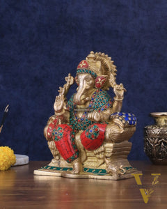 Brass Ganesha murti with Meenakari Stonework | 10" Height