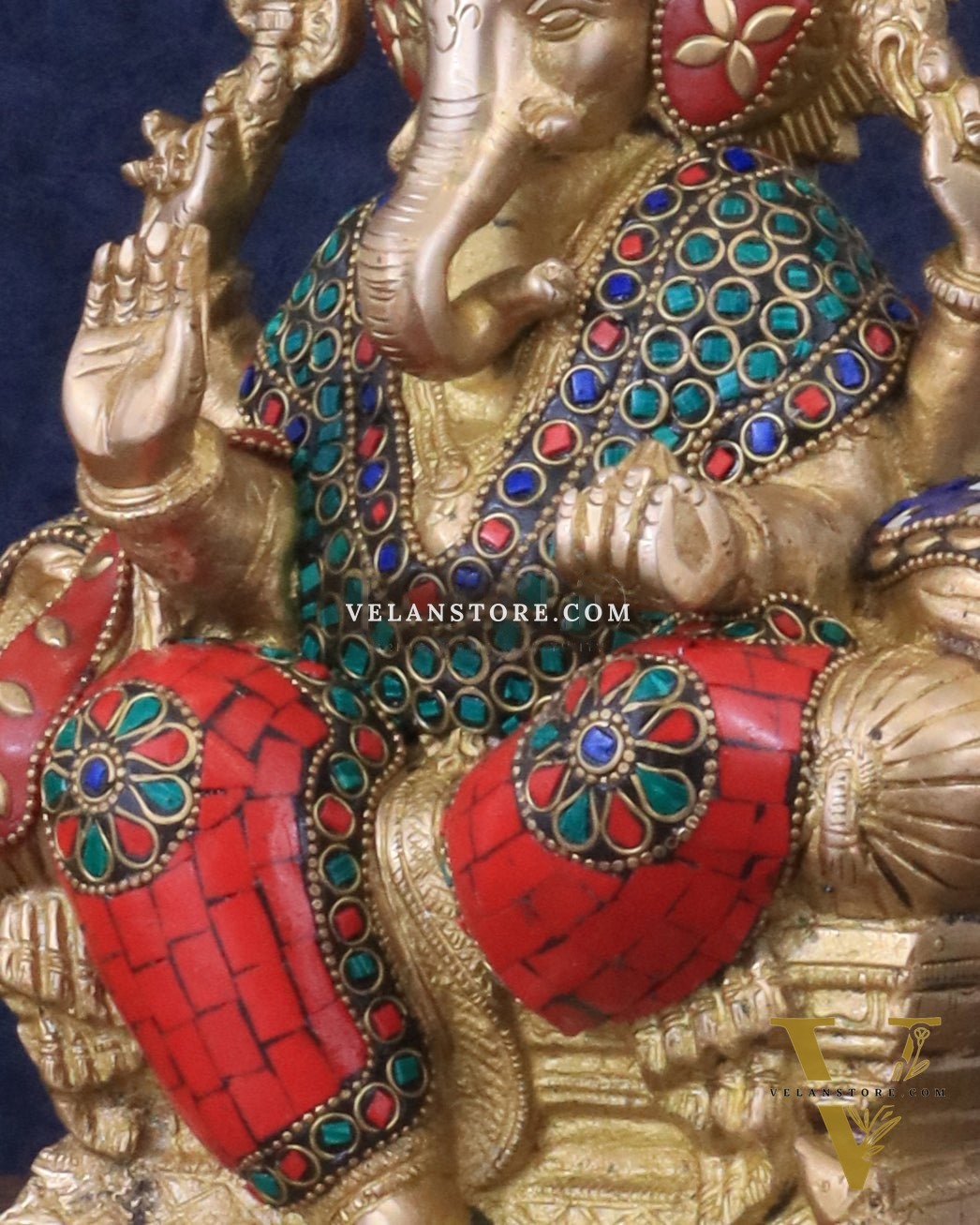 Brass Ganesha murti with Meenakari Stonework | 10" Height
