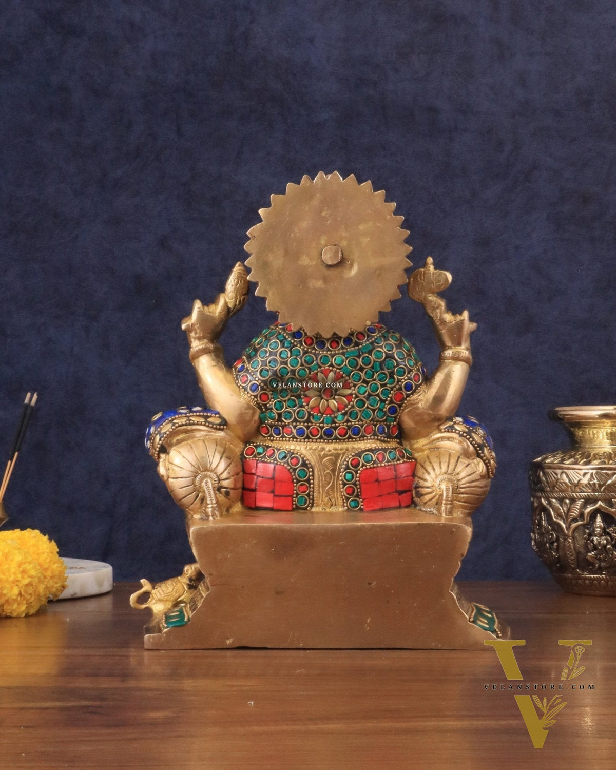 Brass Ganesha murti with Meenakari Stonework | 10" Height