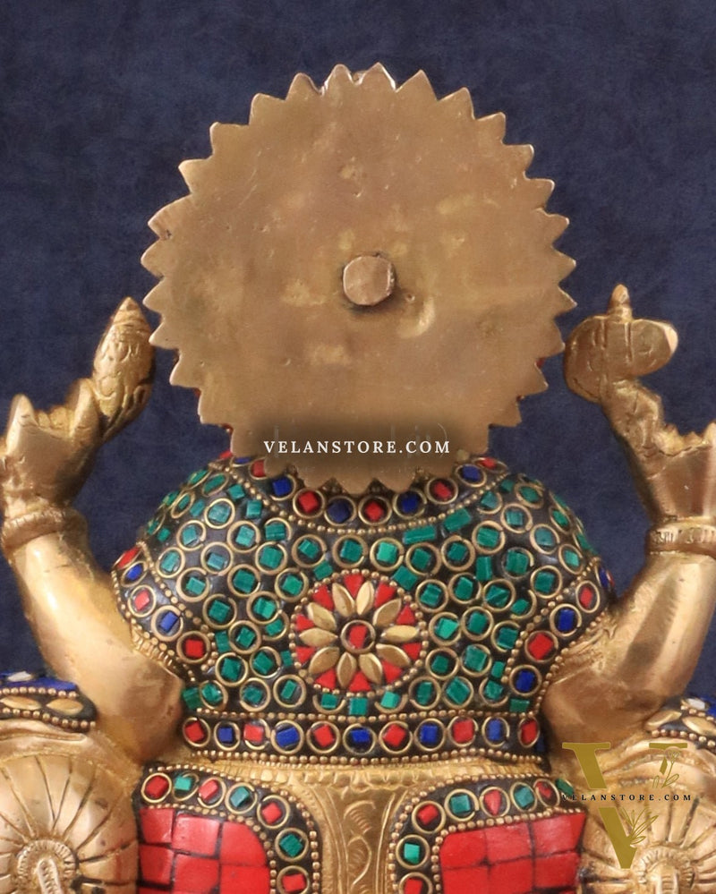 Brass Ganesha murti with Meenakari Stonework | 10" Height