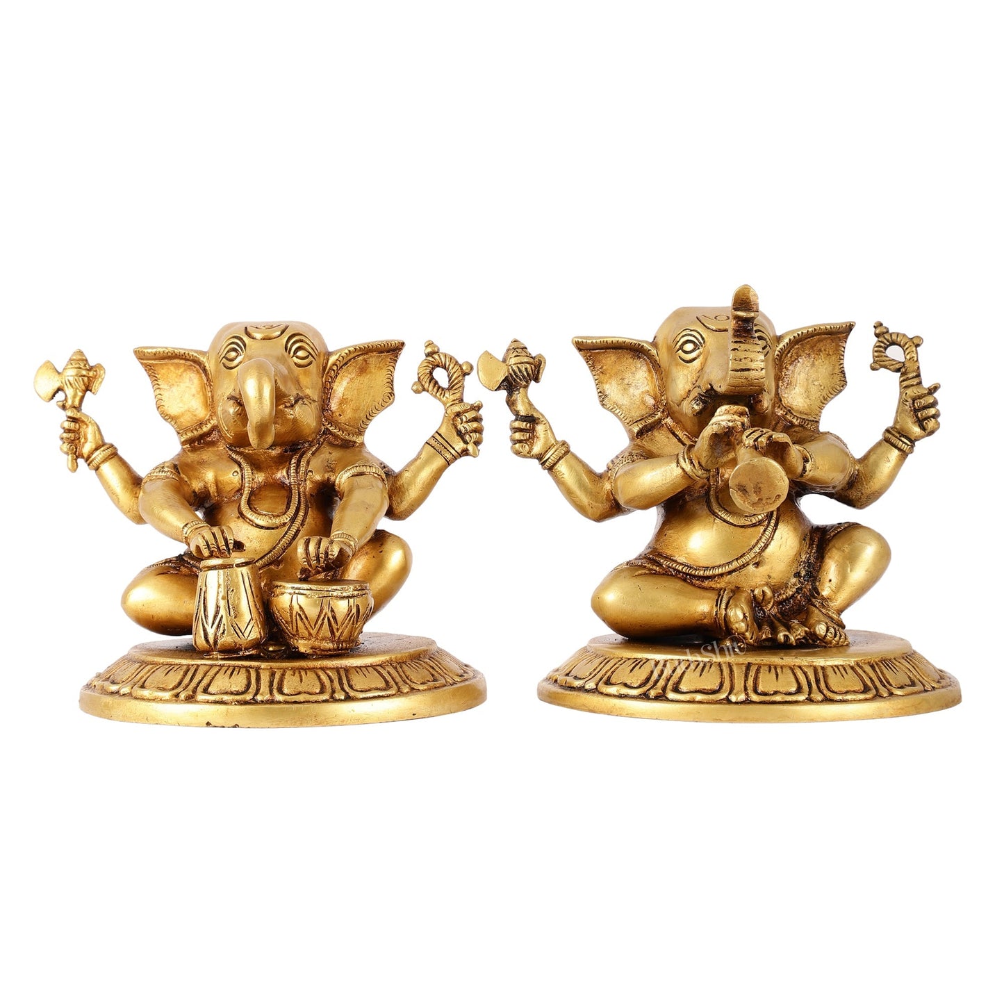Brass Ganesha Music Set Idols - 5 Inch