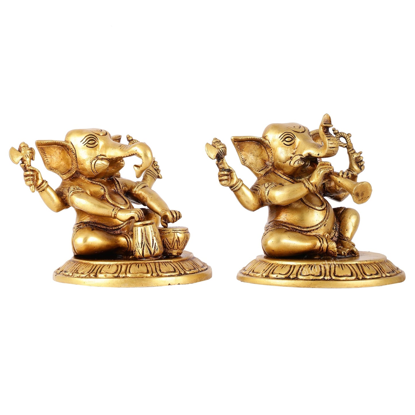 Brass Ganesha Music Set Idols - 5 Inch
