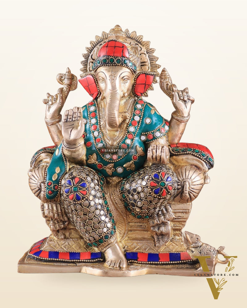 Brass Ganesha on a sofa embossed idol 10 inch