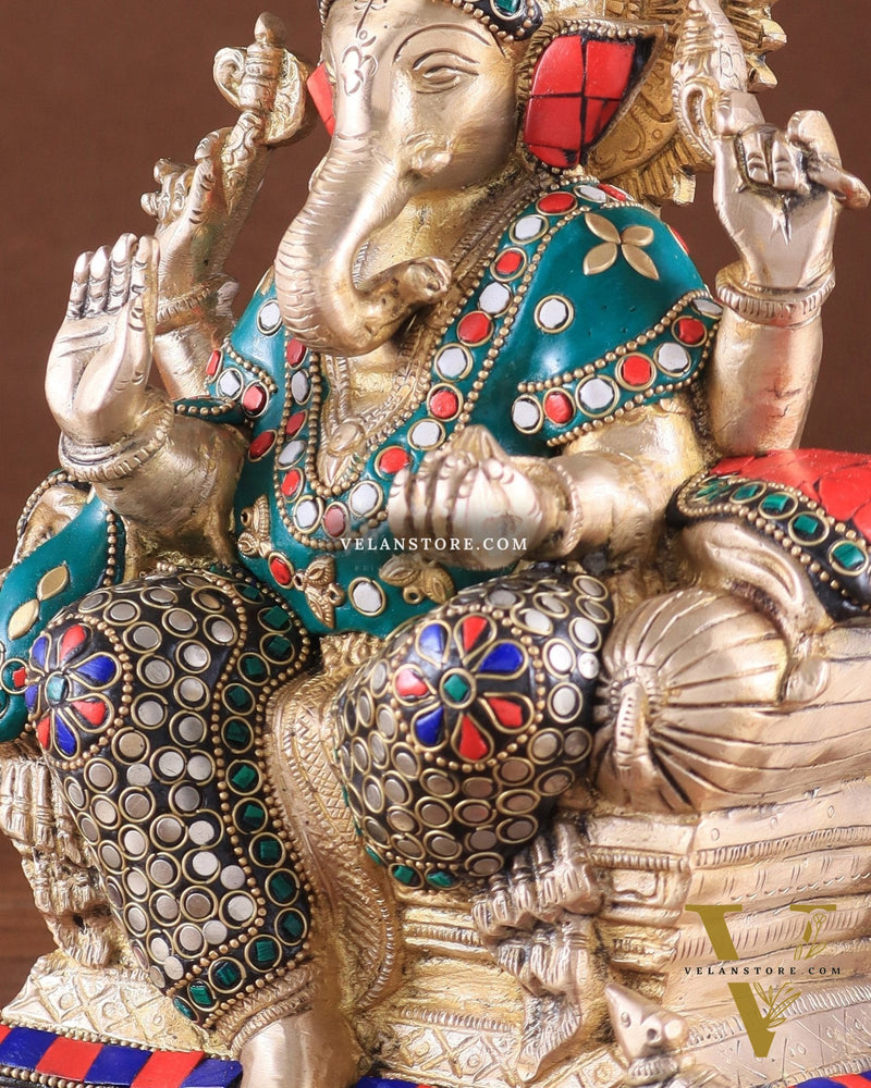 Brass Ganesha on a sofa embossed idol 10 inch