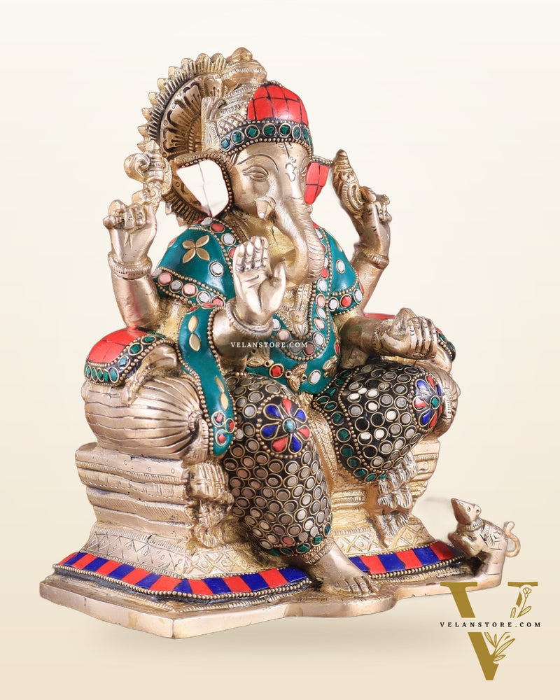 Brass Ganesha on a sofa embossed idol 10 inch