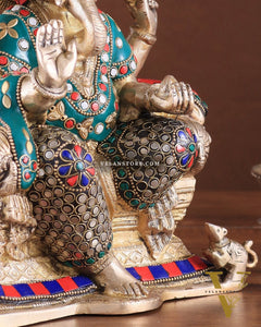 Brass Ganesha on a sofa embossed idol 10 inch