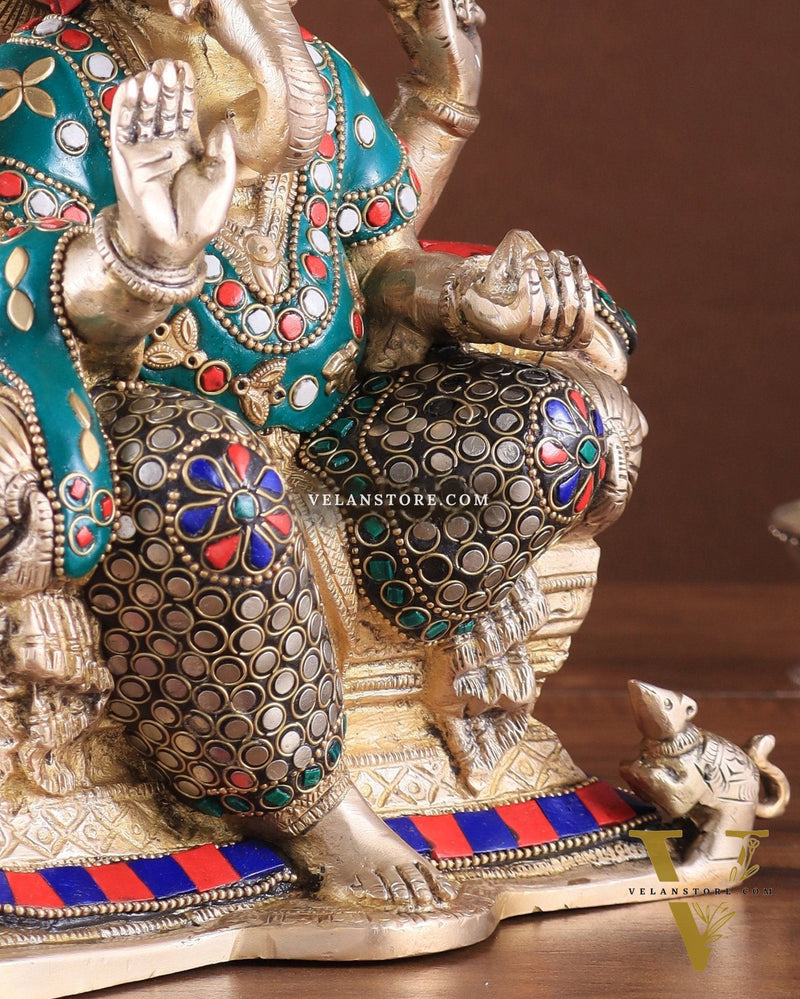 Brass Ganesha on a sofa embossed idol 10 inch