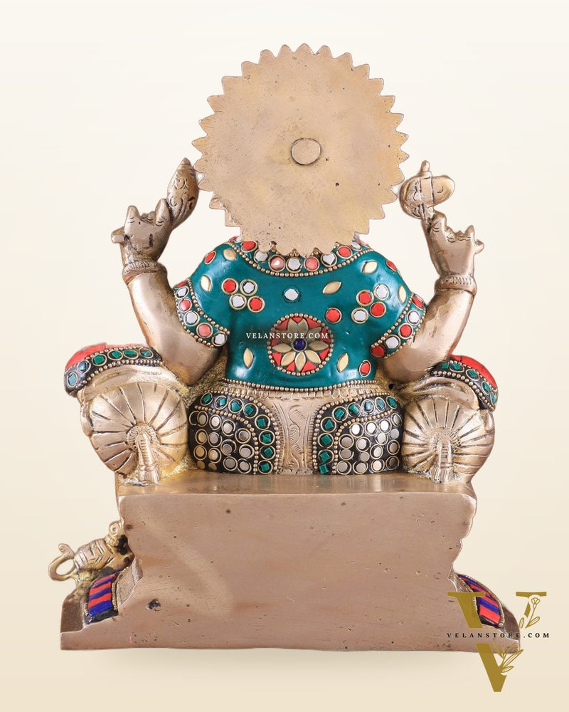 Brass Ganesha on a sofa embossed idol 10 inch