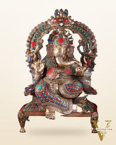 Brass Ganesha on King Size statue with stonework - 28"